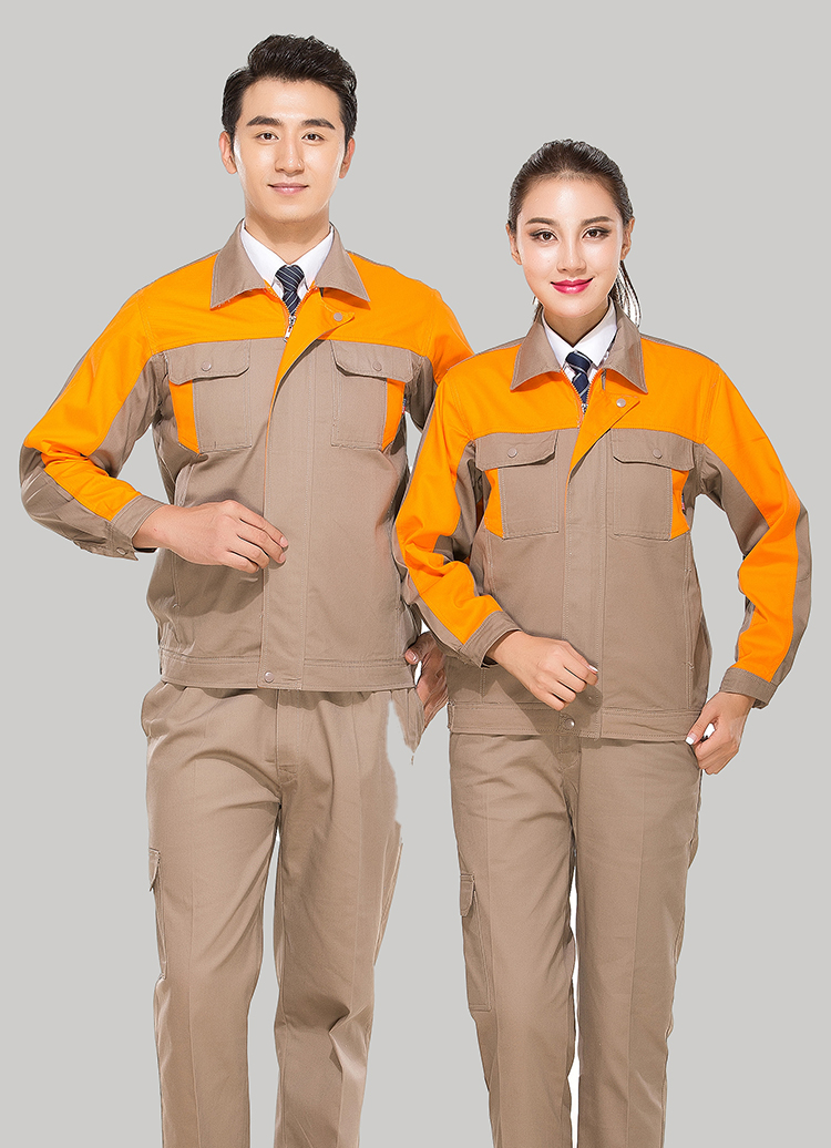 全棉纱卡灰色拼桔黄色拉链式工作服长袖套装GZ-8017