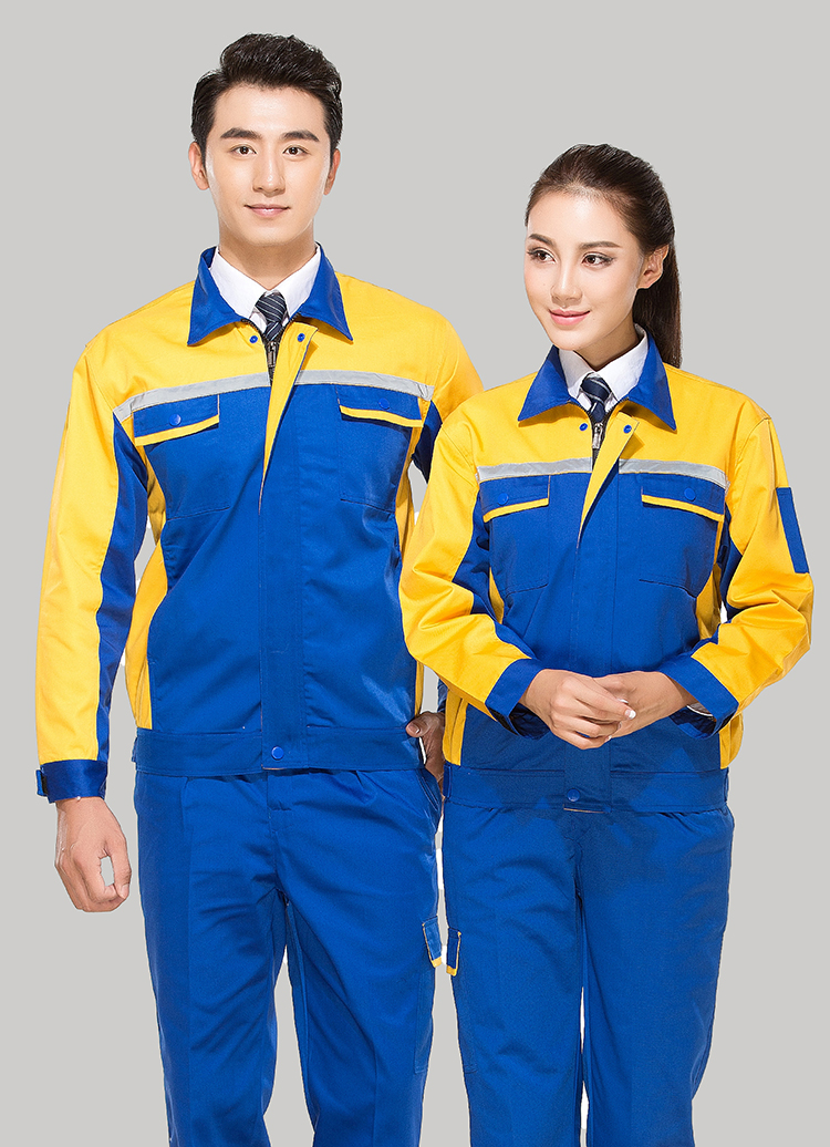 涤棉蓝色拼黄色反光条工作服长袖套装GZ-DM8014