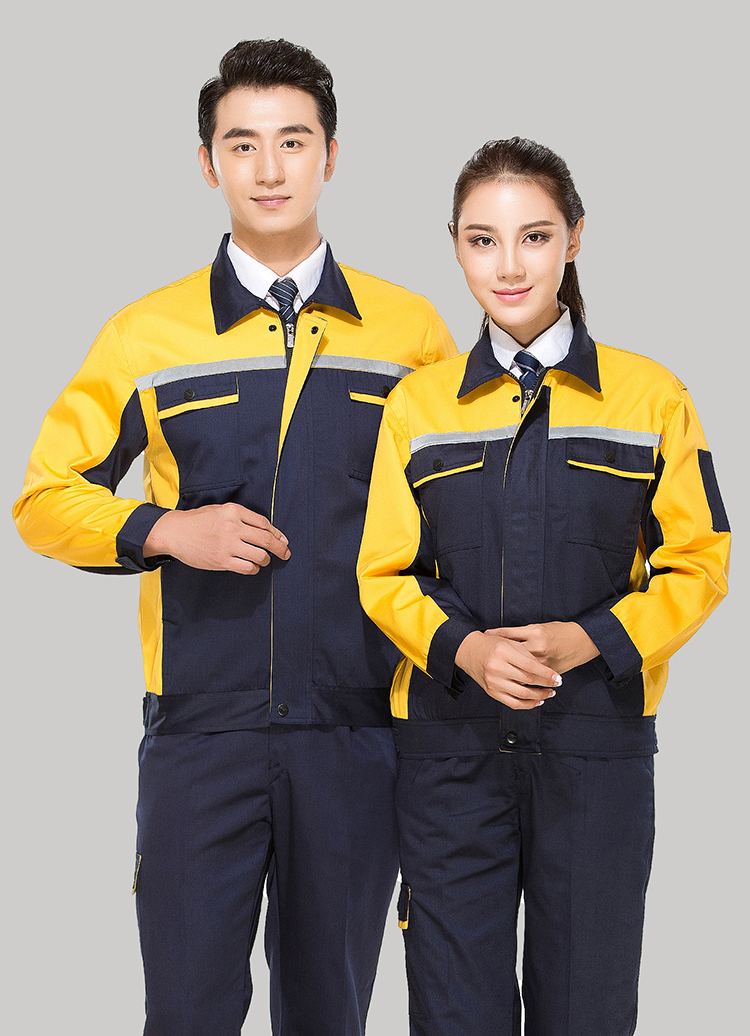 合肥工作服定做款式藏青色拼黄色长袖工作服套装GZ-8015