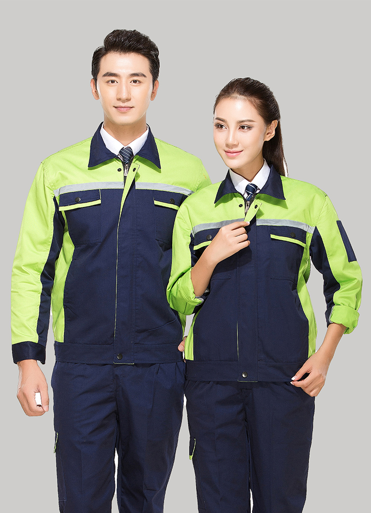 合肥反光条工作服定做款式藏青色拼绿色工作服长袖套装GZ-8016